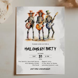 EDITABLE | Halloween Party Invitation Template, Musical Skeleton Band Invitation, 0038AA