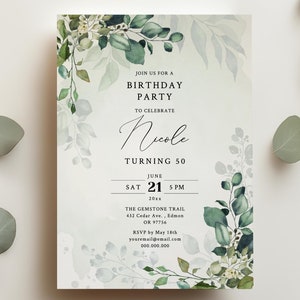 EDITABLE | Greenery Birthday Invitation Card Template, 0006AA
