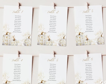 EDITABLE | White and Gold Pumpkin Seating Chart Template, Hanging Cards, 0017AA