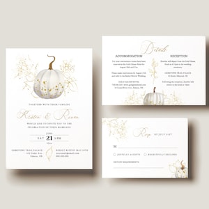 EDITABLE | Gold and White Pumpkin Wedding Invitation Template Set,  0017AA