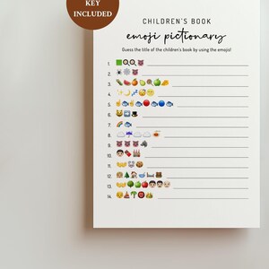 Può includere: Un gioco di pictionary di emoji per bambini su sfondo bianco, con la scritta "ANSWER KEY INCLUDED" in un cerchio marrone. Il gioco include indizi emoji per indovinare i titoli dei libri per bambini.