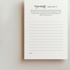 EDITABLE | Guess Who Am I Game Template, Minimalist Bachelorette Party / Bridal Shower Game, 0001AA