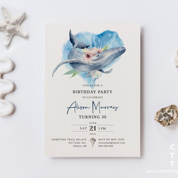 EDITABLE | Whale Birthday Party Invitation Template, 0012AA