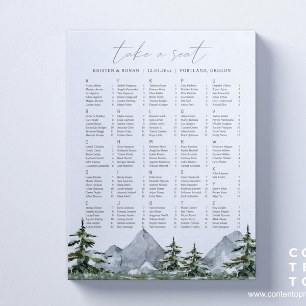 EDITABLE | Mountain Seating Chart Template, Alphabetical and Table Order, 0018AA