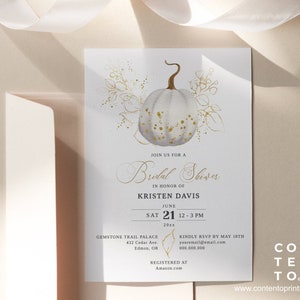 EDITABLE | White and Gold Pumpkin Bridal Shower Invitation Template, 0017AA