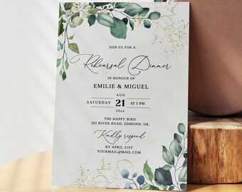 EDITABLE | Eucalyptus and Gold Greenery Rehearsal Dinner Invitation Template, 0004AA