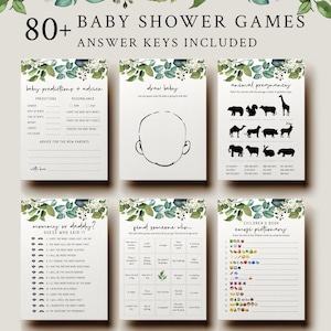Può includere: Un set di giochi per baby shower stampabili con un design floreale verde e bianco. I giochi includono "Predizioni del bambino + consigli", "Disegna un bambino", "Gravidanza animale", "Mamma o papà?", "Trova qualcuno che...", e "Pictionary di emoji di libro per bambini".