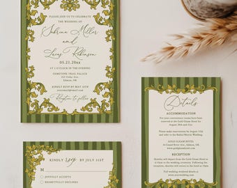 Vintage Baroque Wedding Invitation Suite, Editable Template Set, 0073AA