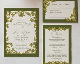 Vintage Baroque Wedding Invitation Suite, Editable Template Set, 0073AB