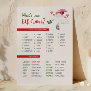May include: A festive Christmas-themed print titled "What's your Elf Name?" features a watercolor illustration of an elf. The print includes a chart to determine an elf name based on the first letter of your name and birth month.