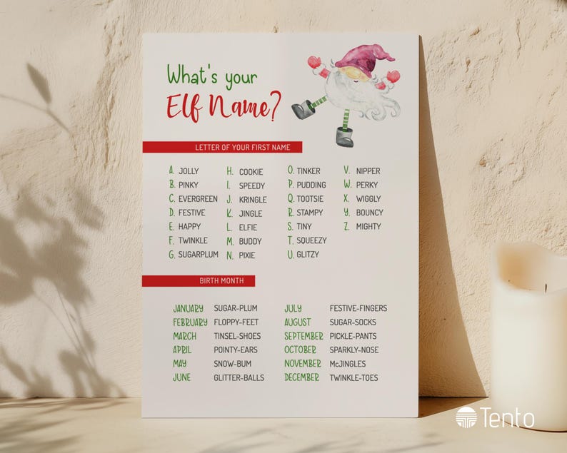 May include: A festive Christmas-themed print titled "What's your Elf Name?" features a watercolor illustration of an elf. The print includes a chart to determine an elf name based on the first letter of your name and birth month.