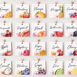 May include: Twenty watercolor illustrations of various fruits, each with a white square label with the name of the fruit written in black cursive. The fruits include orange, strawberry, mango, pineapple, cranberry, pomegranate, grapefruit, peach, watermelon, blackberry, apple, raspberry, passion fruit, lychee, cherry, coconut, blueberry, grape, lime, and lemon.