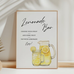 May include: A printable sign for a lemonade bar with a watercolor illustration of a pitcher and glass of lemonade. The sign says "Lemonade Bar" and includes instructions: "Choose your syrup, add some fruit, top with lemonade, Enjoy!"