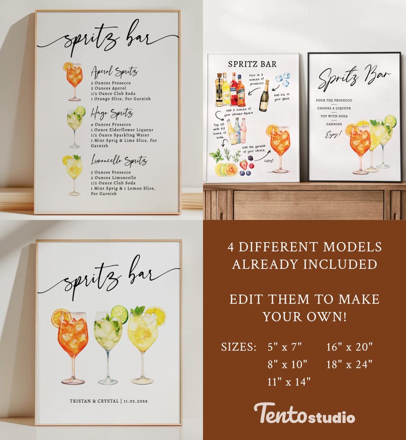 May include: Four framed prints with "Spritz Bar" text and cocktail recipes. One print lists Aperol, Hugo, and Limoncello Spritz recipes. Other prints show cocktail illustrations and instructions. The bottom right print has the text "4 DIFFERENT MODELS ALREADY INCLUDED".