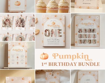 Pumpkin First Birthday Party Bundle, Editable Templates, 0063AA