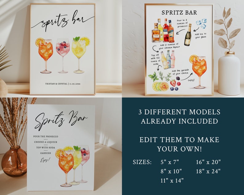 Puede incluir: Tres carteles imprimibles para un bar de spritz con ilustraciones de acuarela de c&oacute;cteles. Los carteles incluyen instrucciones para hacer un spritz, una lista de ingredientes y un dise&ntilde;o sencillo con el texto "Spritz Bar".