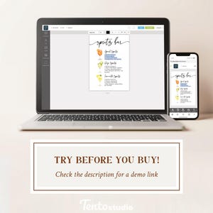 May include: A laptop and smartphone show a digital menu for a spritz bar, with recipes for Aperol, Hugo, and Lemonade Spritz. The menu is vertical, with cocktail illustrations. A banner below says "TRY BEFORE YOU BUY!" and a demo link.