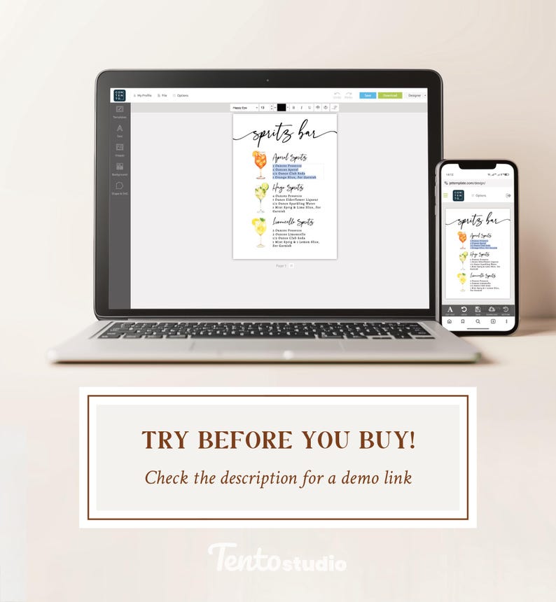 May include: A laptop and smartphone show a digital menu for a spritz bar, with recipes for Aperol, Hugo, and Lemonade Spritz. The menu is vertical, with cocktail illustrations. A banner below says "TRY BEFORE YOU BUY!" and a demo link.
