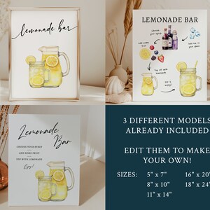 May include: Three printable lemonade bar sign designs featuring watercolor illustrations of lemons, pitchers, and glasses. The signs include the text "Lemonade Bar" and instructions for making lemonade. The signs are available in three sizes: 5" x 7", 8" x 10", and 11" x 14".