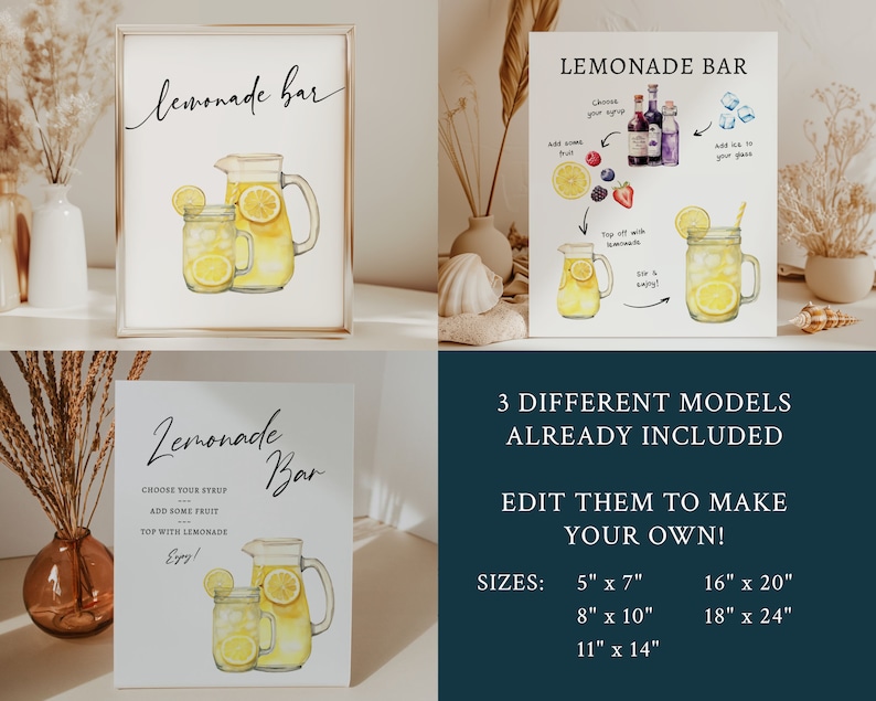 May include: Three printable lemonade bar sign designs featuring watercolor illustrations of lemons, pitchers, and glasses. The signs include the text "Lemonade Bar" and instructions for making lemonade. The signs are available in three sizes: 5" x 7", 8" x 10", and 11" x 14".