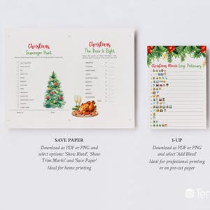 May include: Three printable Christmas game sheets. One is a scavenger hunt, another is "The Price is Right", and the third is a movie emoji pictionary. The sheets have a white background with red and green text and illustrations.