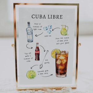 Puede incluir: Una ilustración de acuarela que muestra los pasos para hacer un cóctel Cuba Libre. La ilustración muestra los ingredientes, incluyendo ron blanco, jugo de lima, cola y hielo. También muestra los pasos para mezclar la bebida, incluyendo agregar hielo, remover y adornar con una rodaja de lima.