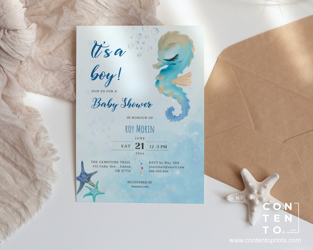 EDITABLE Seahorse Baby Shower Invitation Template, 0022AA Etsy