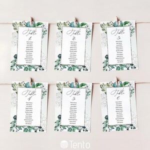 EDITABLE | Eucalyptus and Silver Greenery Seating Chart Template, Hanging Cards, 0005AA