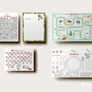 May include: A collection of Christmas-themed paper goods. Includes a game board, a letter to Santa, a placemat, a countdown chart, and an "I Spy" activity sheet. All items feature festive illustrations and text.