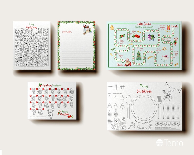 May include: A collection of Christmas-themed paper goods. Includes a game board, a letter to Santa, a placemat, a countdown chart, and an "I Spy" activity sheet. All items feature festive illustrations and text.