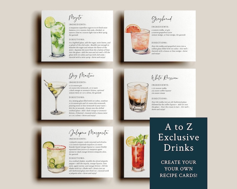 EDITABLE | Cocktail Recipe Card Template, 0042AA - Etsy