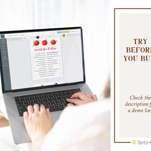 May include: A laptop displaying a "Would You Rather" game template with red apple graphics. The screen shows a list of questions. The text "TRY BEFORE YOU BUY!" is displayed next to the laptop, with a call to check the description for a demo link.