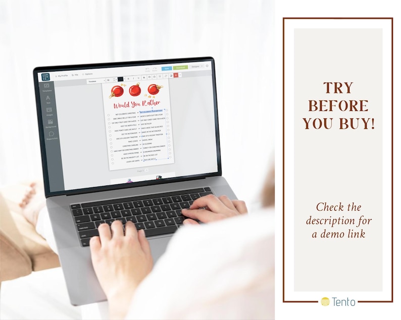May include: A laptop displaying a "Would You Rather" game template with red apple graphics. The screen shows a list of questions. The text "TRY BEFORE YOU BUY!" is displayed next to the laptop, with a call to check the description for a demo link.