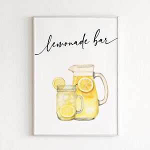 May include: A white printable sign with black text that says "lemonade bar" and a watercolor illustration of a pitcher and glass of lemonade with lemon slices.