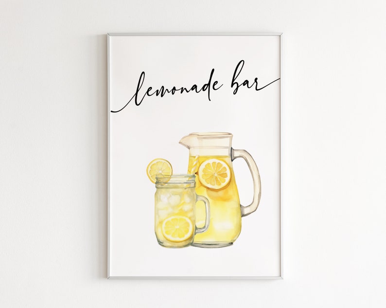 May include: A white printable sign with black text that says "lemonade bar" and a watercolor illustration of a pitcher and glass of lemonade with lemon slices.