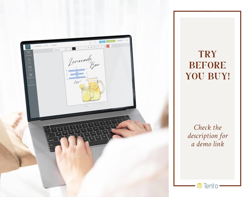May include: A laptop computer displaying a digital design for a lemonade bar sign. The design features a watercolor illustration of two glasses of lemonade and a pitcher of lemonade with lemons.