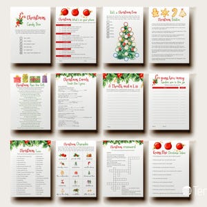 May include: A collection of twelve Christmas-themed game sheets. Each sheet features a different game, including "Candy Dice," "What's on your phone," "Roll a Christmas Tree," and "Christmas Riddles." The sheets are decorated with festive graphics and text.