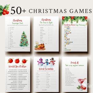 Può includere: Sono presentati sei stampabili di giochi natalizi, con il titolo "50+ CHRISTMAS GAMES". I giochi includono una caccia al tesoro, "The Price is Right", un dizionario di emoji di film, "Would You Rather", un word scramble e "Drink If".