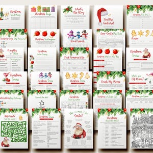 May include: A collection of Christmas-themed printable games and activities. The designs feature festive elements like Santa Claus, ornaments, and holly. Titles include "Christmas Bingo," "Word Search," and "Christmas Trivia," perfect for holiday gatherings.