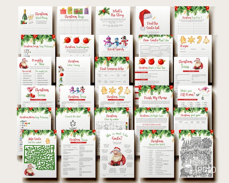 May include: A collection of Christmas-themed printable games and activities. The designs feature festive elements like Santa Claus, ornaments, and holly. Titles include "Christmas Bingo," "Word Search," and "Christmas Trivia," perfect for holiday gatherings.