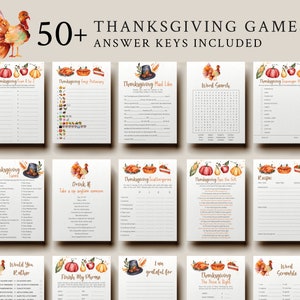 Può includere: Una collezione di giochi stampabili a tema Ringraziamento. L'immagine presenta varie carte di gioco con titoli come "Thanksgiving Mad Libs" e "Word Search". Le carte sono decorate con illustrazioni ad acquerello di tacchini ed elementi del raccolto autunnale.