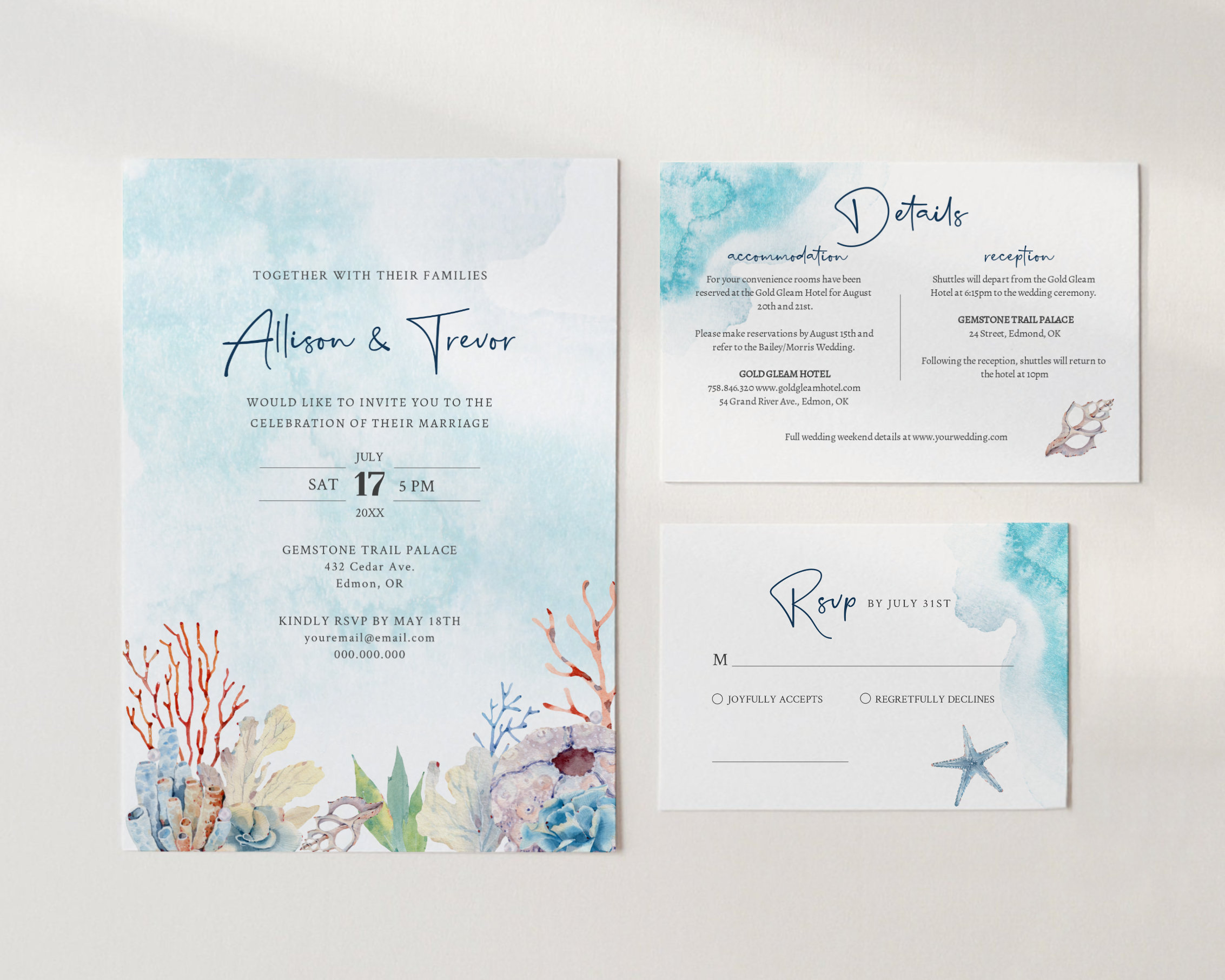 EDITABLE Coral Wedding Invitation Template Set Ocean | Etsy