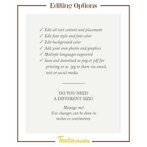 May include: A digital graphic with the text "Editing Options" at the top. The text lists options such as editing content, font, and background colour. It also mentions multiple languages and size changes in inches or centimetres. The graphic is framed in brown.