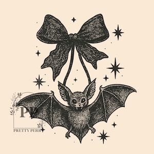 Pode incluir: Ilustração em preto e branco de um morcego pendurado em um grande laço. O morcego tem as asas abertas e é rodeado por estrelas. A imagem tem um estilo vintage desenhado à mão sobre um fundo creme.