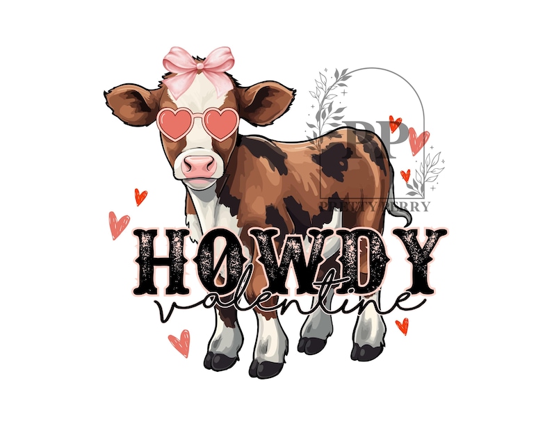 Pu&ograve; includere: Una mucca marrone e bianca con occhiali da sole a forma di cuore rosa e un fiocco rosa sulla testa. La mucca &egrave; in piedi su uno sfondo bianco con il testo "Howdy Valentine" in nero.