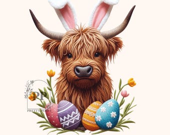 Vaca de Pascua bordada falsa PNG, diseño de sublimación de Pascua para niña, vaca de Pascua de las tierras altas de moda, equipo de caza de huevos