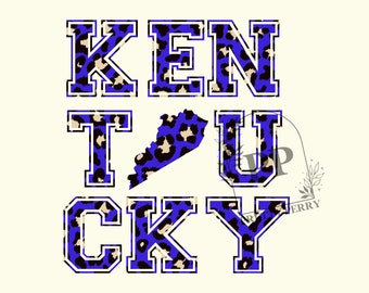 May include: Blue and tan leopard print letters spelling "Kentucky" with a blue and tan leopard print outline of the state of Kentucky.