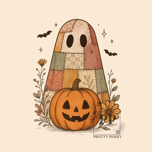 May include: A whimsical Halloween illustration featuring a patchwork ghost with oval eyes, a carved orange pumpkin, and floral accents. Two bats and stars are also included. The text "PRETTY PERRY" is at the bottom.