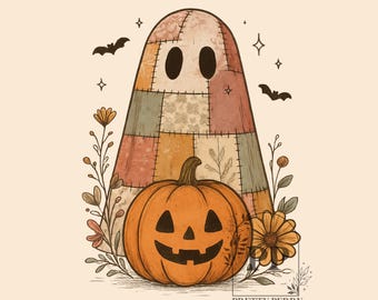 Fantasma y calabaza de Halloween con patchwork de moda, PNG, Fantasma de Halloween retro, Diseño de camiseta de Halloween de otoño, Sublimación de fantasma de moda, DTF
