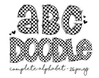 Fuente Doodle a cuadros, archivos PNG del alfabeto Doodle, diseño digital de fuente Doodle linda